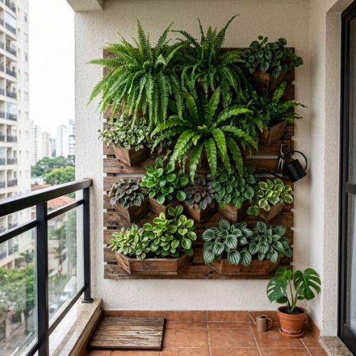 Painel modular com samambaias e peperomias em varanda de apartamento