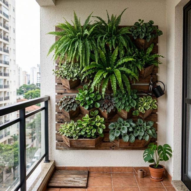 Jardim vertical em parede de apartamento com plantas verdes e vasos modulares