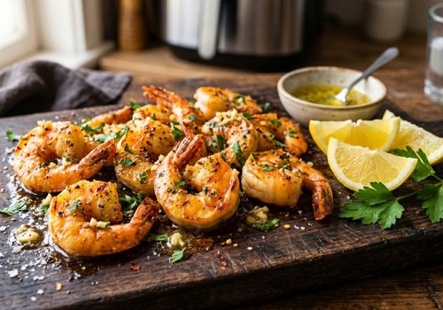 Camarão na manteiga ao alho feito na air fryer, dourado e perfumado