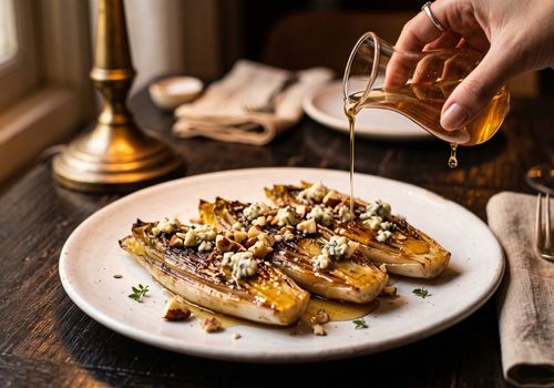 Endívias carameladas com mel, gorgonzola esfarelado e castanhas-do-pará feitas na air fryer