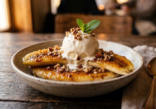 Banana caramelada com castanhas, nozes e canela servida com sorvete feita na air fryer