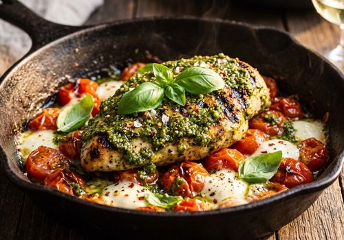 Filés de frango ao pesto com tomate cereja confitado e mussarela de búfala feitos na air fryer