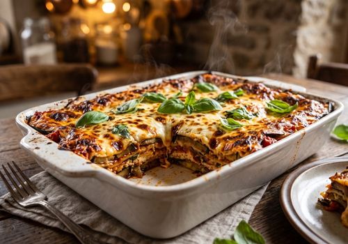 Lasagna de berinjela gratinada com ricota, mussarela e manjericão feita na air fryer