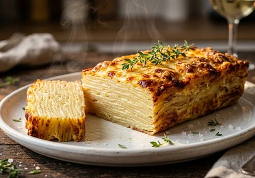 Mil-folhas de batata gratinada com queijo gruyère e tomilho feita na air fryer