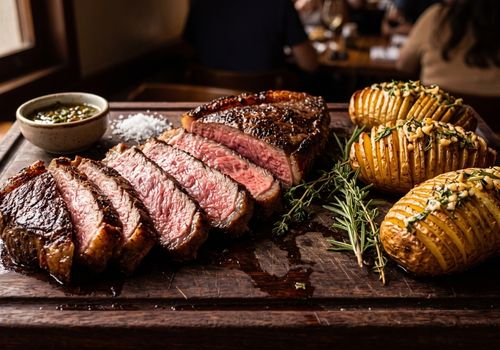 Picanha fatiada sobre batatas hasselback com manteiga de alho e alecrim feitas na air fryer