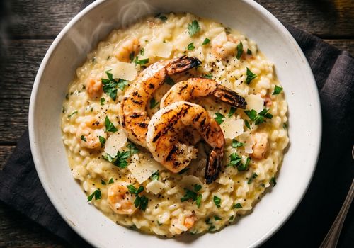 Risoto de camarão cremoso finalizado com parmesão e salsinha feito na air fryer