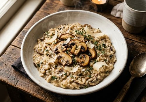 Risoto de cogumelos cremoso finalizado com parmesão, tomilho e salsinha feito na air fryer